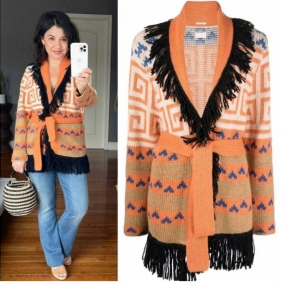 MOTHER Orange and Black Fringed Cardigan